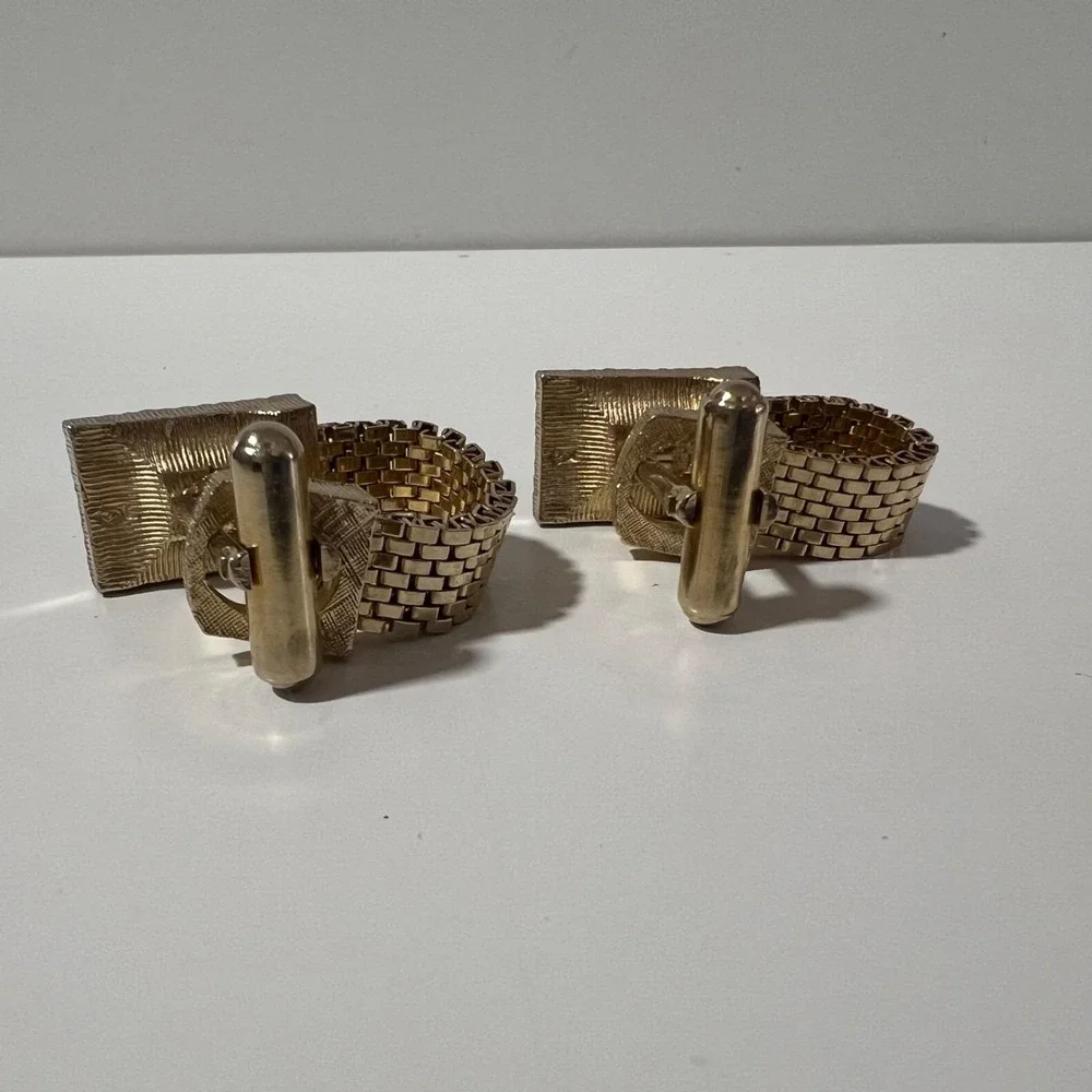 VTG Swank Gold‎ Tone Cufflinks pair of green rectangular stones mesh wrap bullet
